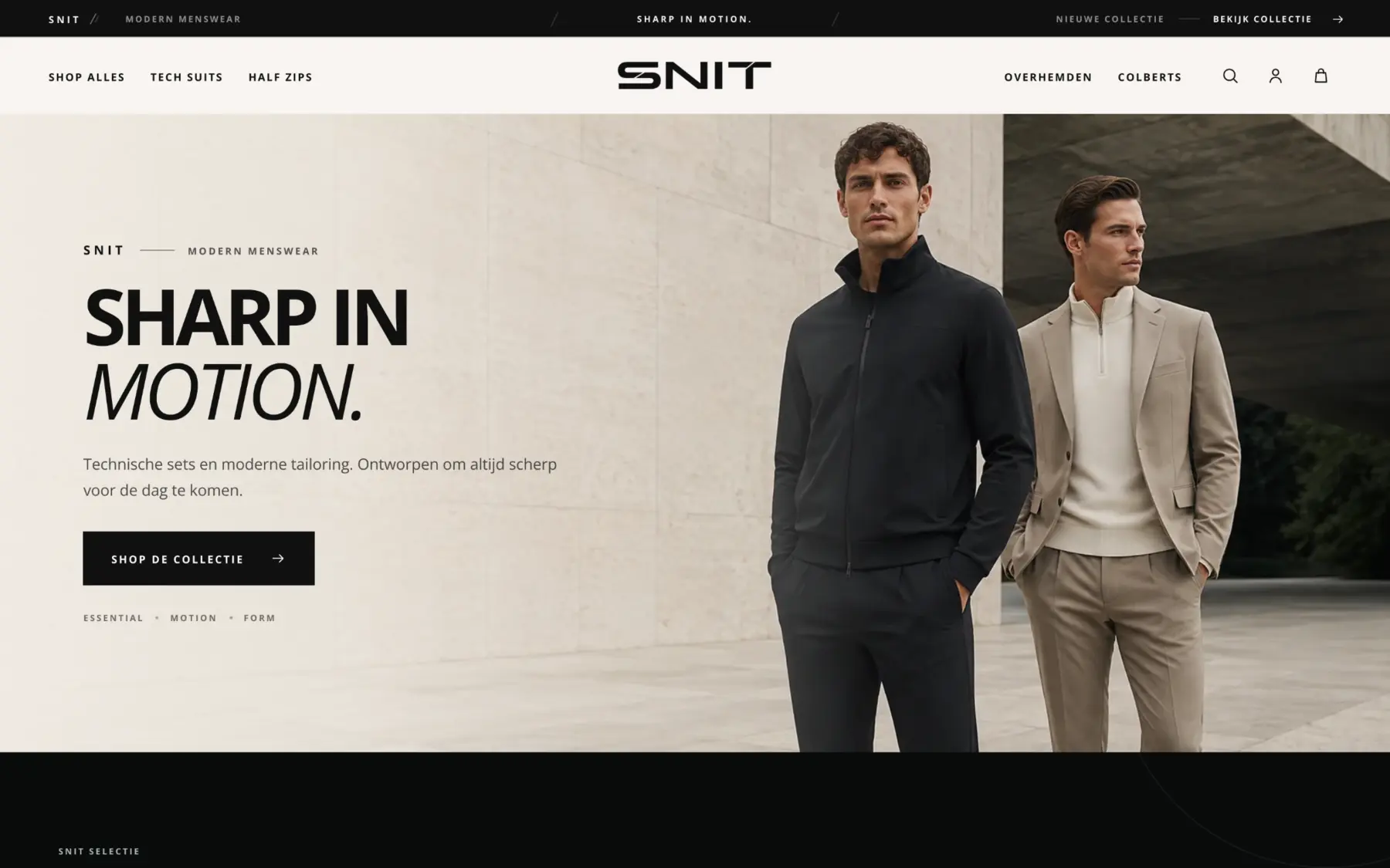 SNIT webshop: collectienavigatie, Sharp in Motion campagne en tech suits