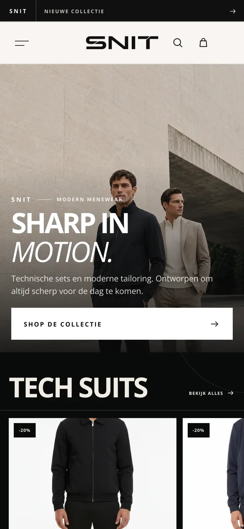SNIT webshop: collectienavigatie, Sharp in Motion campagne en tech suits